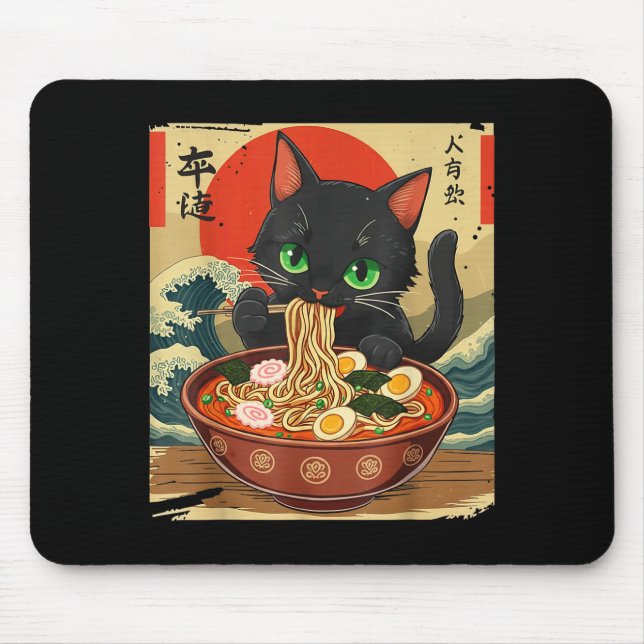 Anime Cat Eating Ramen Japanese Art Graphic Cat Cu Mousepad (Vorne)