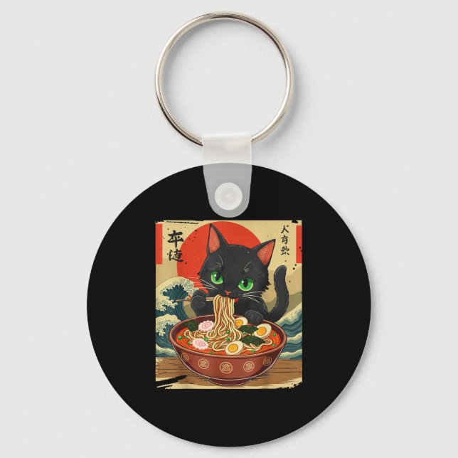 Anime Cat Eating Ramen Japanese Art Graphic Cat Cu Schlüsselanhänger (Vorderseite)
