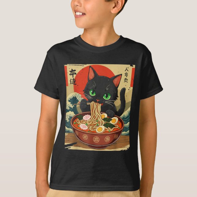 Anime Cat Eating Ramen Japanese Art Graphic Cat Cu T-Shirt (Vorderseite)