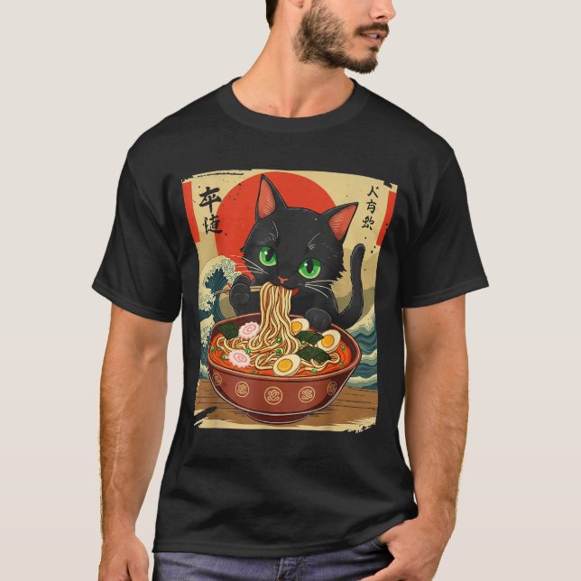 Anime Cat Eating Ramen Japanese Art Graphic Cat Cu T-Shirt (Vorderseite)