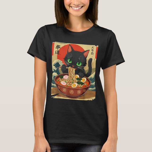Anime Cat Eating Ramen Japanese Art Graphic Cat Cu T-Shirt (Vorderseite)