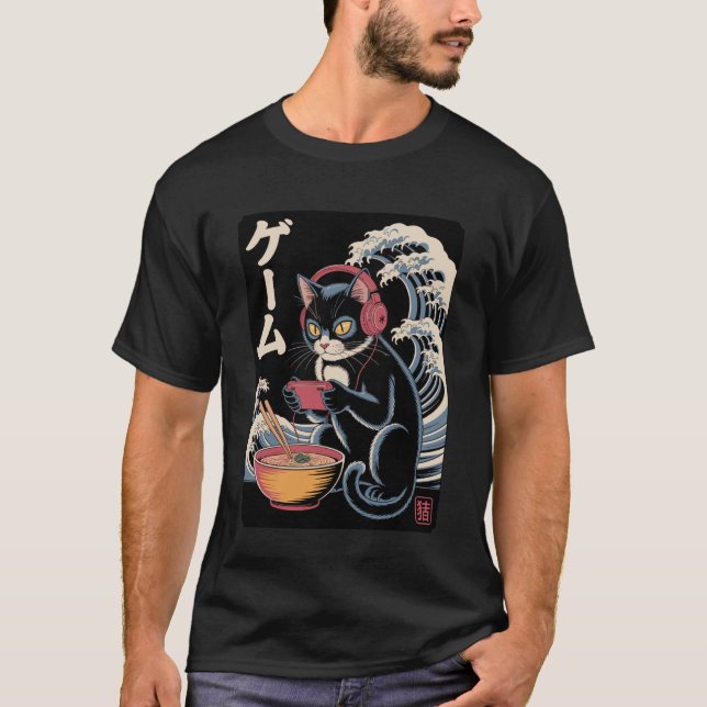 Anime Cat Eating Ramen Japanese Wave Kawaii Neko K T-Shirt (Vorderseite)