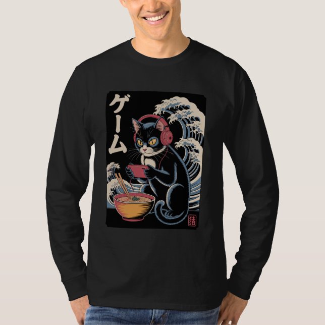 Anime Cat Eating Ramen Japanese Wave Kawaii Neko K T-Shirt (Vorderseite)