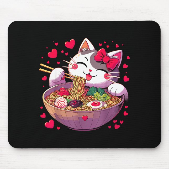 Anime Cat Eating Ramen Noodles With Hearts Valenti Mousepad (Vorne)