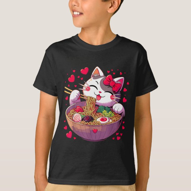 Anime Cat Eating Ramen Noodles With Hearts Valenti T-Shirt (Vorderseite)