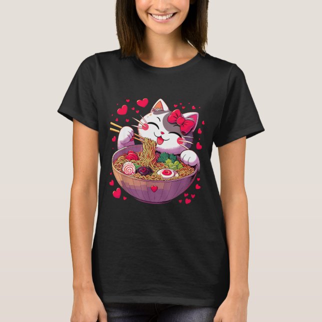 Anime Cat Eating Ramen Noodles With Hearts Valenti T-Shirt (Vorderseite)