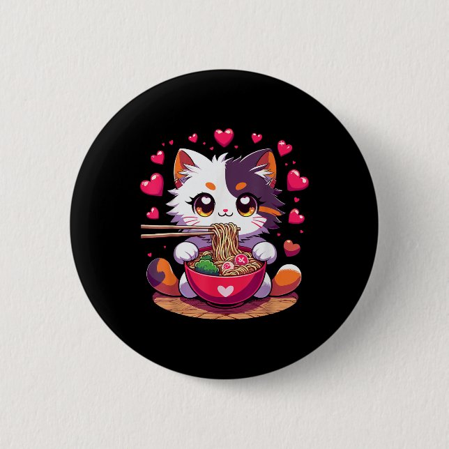 Anime Cat essen Ramen Noodles mit Herz Valenti Button (Vorderseite)