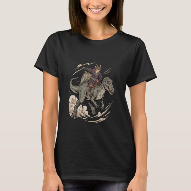 Anime Cat Funny Samurai Cat Riding Dinosaur Spinos T-Shirt (Vorderseite)