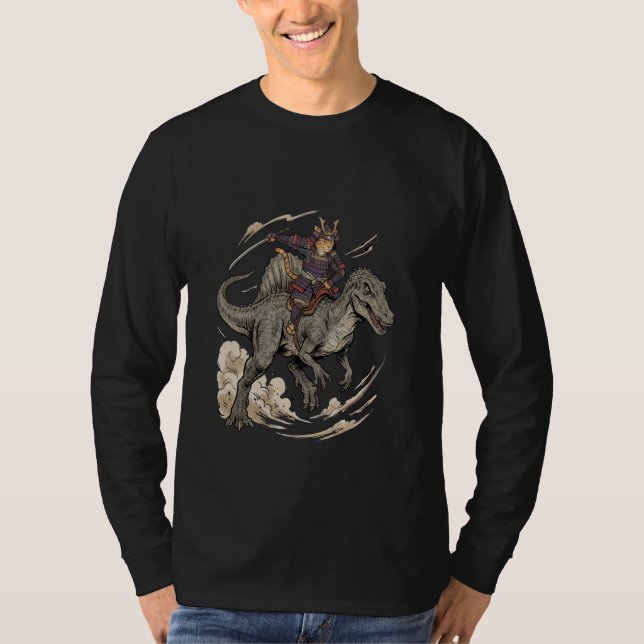 Anime Cat Funny Samurai Cat Riding Dinosaur Spinos T-Shirt (Vorderseite)