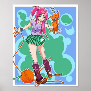 Anime Cat Girl & Cat mit Garnball Poster