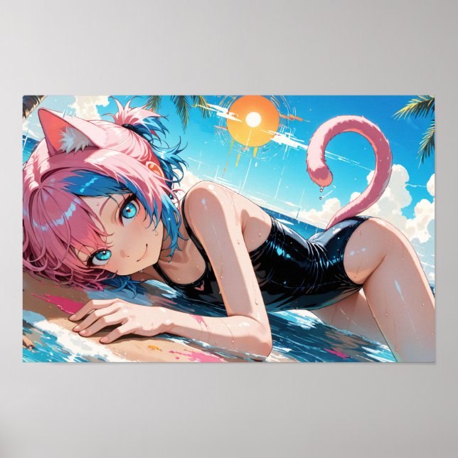 Anime Cat Girl Summer Beach Fun Poster (Vorne)