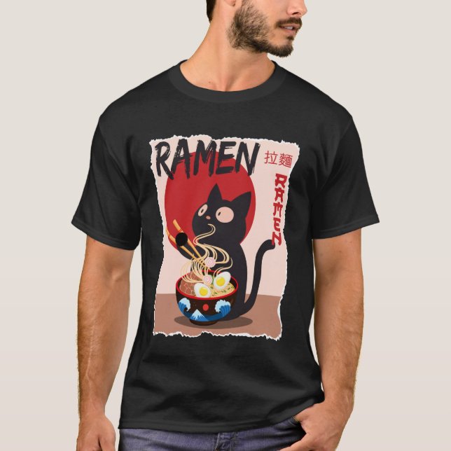 Anime Cat Ramen Instant Noodles Funny Japanese Cat T-Shirt (Vorderseite)