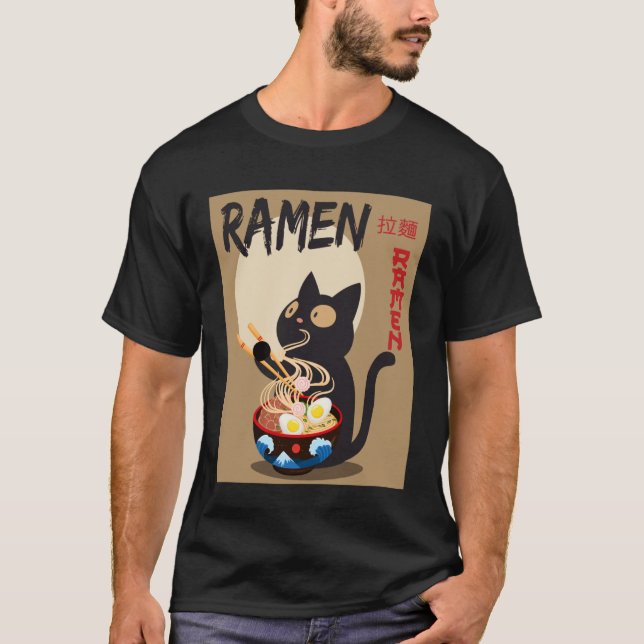 Anime Cat Ramen Instant Noodles Funny Japanese Cat T-Shirt (Vorderseite)