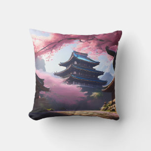 Anime Cherry Blossom & Tranquil Pagoda Landschaft Kissen