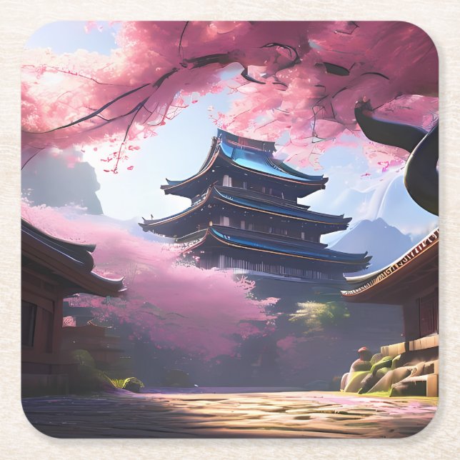 Anime Cherry Blossom & Tranquil Pagoda Landschaft Rechteckiger Pappuntersetzer (Vorderseite)