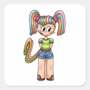 Anime Chibi Regenbogen Candy Mädchen Buntes Haar Quadratischer Aufkleber
