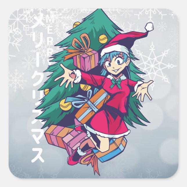 Anime Christmas Sweater - Happy Girl mit Weihnacht Quadratischer Aufkleber (Vorderseite)