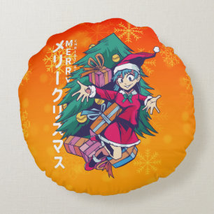 Anime Christmas Sweater - Happy Girl mit Weihnacht Rundes Kissen