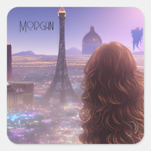 Anime City Girl Day Dream mit Blick auf Skyline Quadratischer Aufkleber