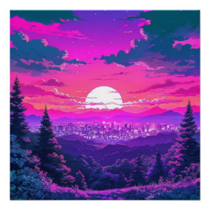 Anime City Mountain Landschaft Neon Sunset Poster