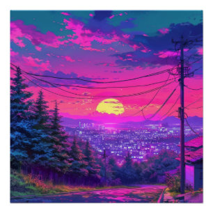 Anime City Mountain Landschaft Neon Sunset Poster
