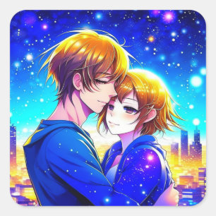 Anime Couple Cuddling mit Stadtblick Quadratischer Aufkleber