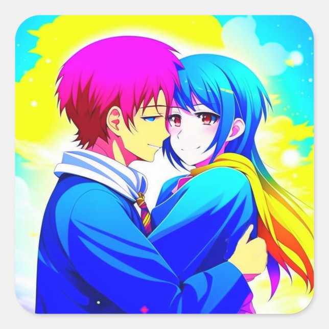 Anime Couple drückte rosa und blau Quadratischer Aufkleber (Vorderseite)