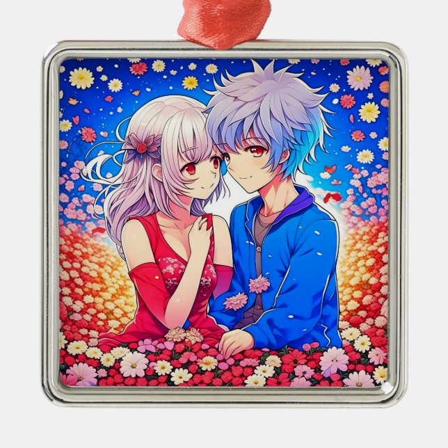 Anime Couple Liebe Blume und Herz Ornament Aus Metall (Vorne)