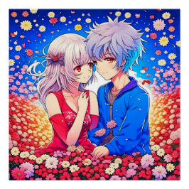 Anime Couple Liebe Blume und Herz Poster
