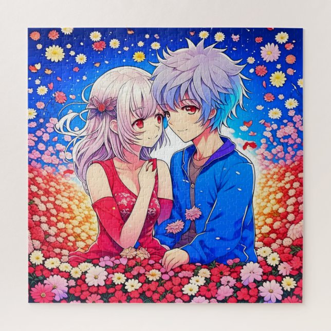 Anime Couple Liebe Blume und Herz Puzzle (Vertikal)