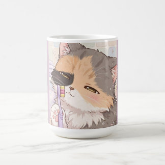Anime Dreifarbenkatze mit Zahnbürste Kaffeetasse