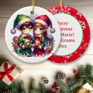 Anime Elves und Schneeflocken Personalisierte Weih Keramik Ornament