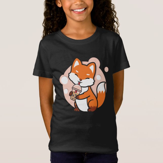 Anime Fox Drinking Boba Tea Girls Grafik T-Shirt (Vorderseite)