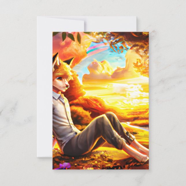 Anime Fox Männliche im Grünen bei Sonnenuntergang Dankeskarte (Vorderseite)