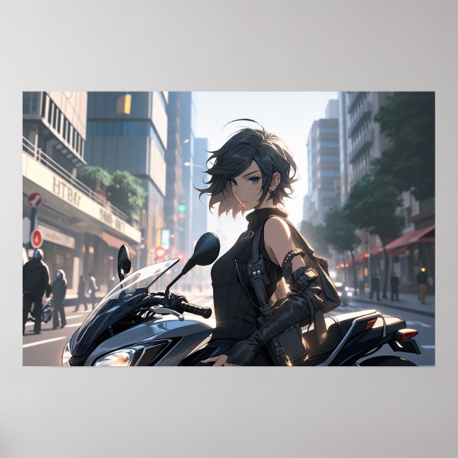 Anime-Frau mit dem Fahrrad in der Innenstadt Poster (Vorne)