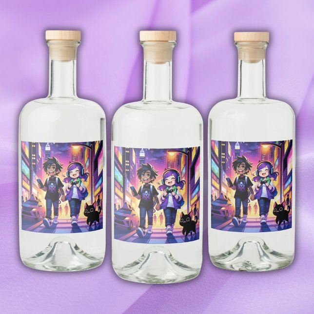 Anime Gaming Couple mit ihrer Katze | Alkoholflaschenetikett (Von Creator hochgeladen)