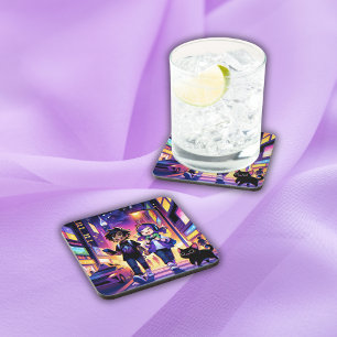 Anime Gaming Couple mit ihrer Katze   Getränkeuntersetzer