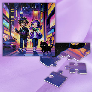 Anime Gaming Couple mit ihrer Katze   Puzzle