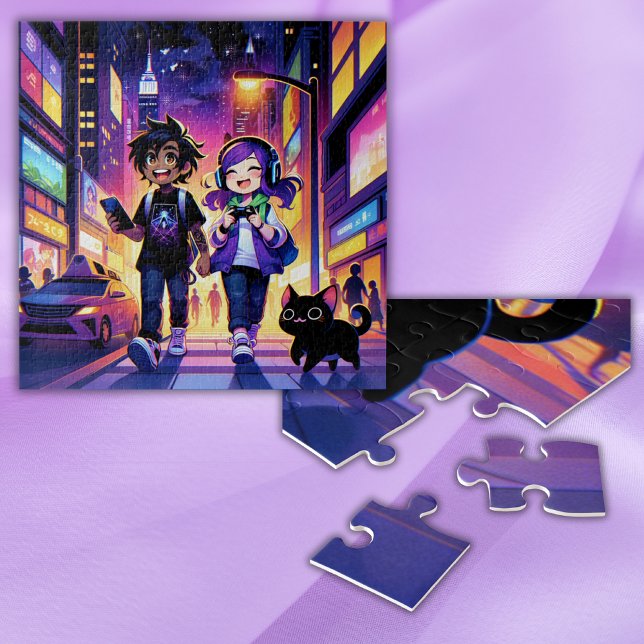 Anime Gaming Couple mit ihrer Katze | Puzzle (Von Creator hochgeladen)