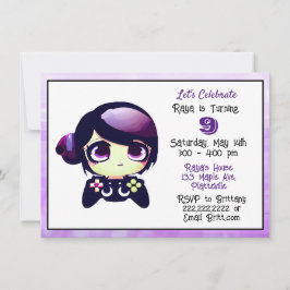 Anime Gaming Girl Lila und Black Kid's Birthday Einladung