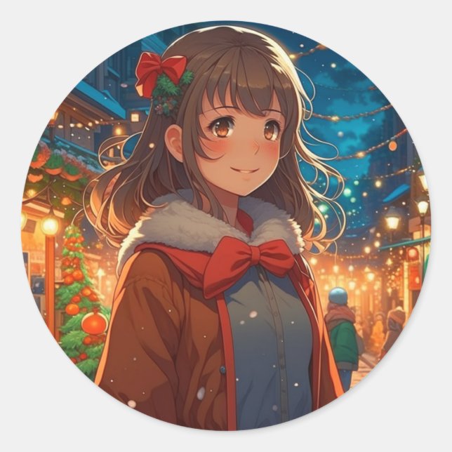 Anime Girl am Weihnachtsabend Runder Aufkleber (Vorderseite)