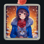 Anime Girl and a Kitten Winter Christmas Ornament Aus Metall<br><div class="desc">Niedliches Anime-Girl mit grauem Kätzchen und schneebedecktem Weihnachtsgeschmack.</div>