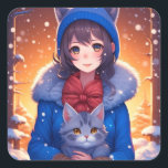 Anime Girl and a Kitten Winter Christmas Quadratischer Aufkleber<br><div class="desc">Niedliches Anime-Girl mit grauem Kätzchen und schneebedeckten Weihnachtsaufklebern.</div>