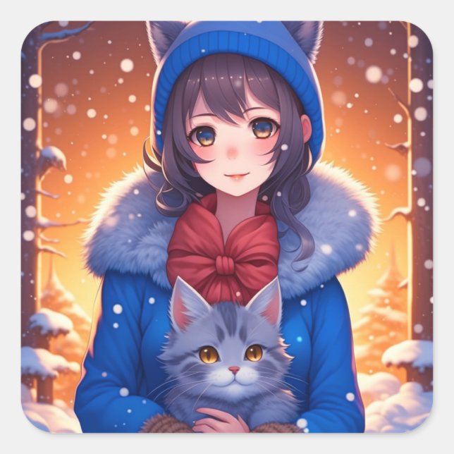 Anime Girl and a Kitten Winter Christmas Quadratischer Aufkleber (Vorderseite)
