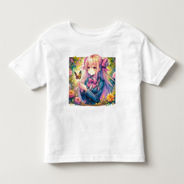Anime Girl and Butterfly Wassercolor Kleinkind T-shirt (Vorderseite)