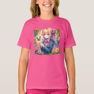 Anime Girl and Butterfly Wassercolor T-Shirt