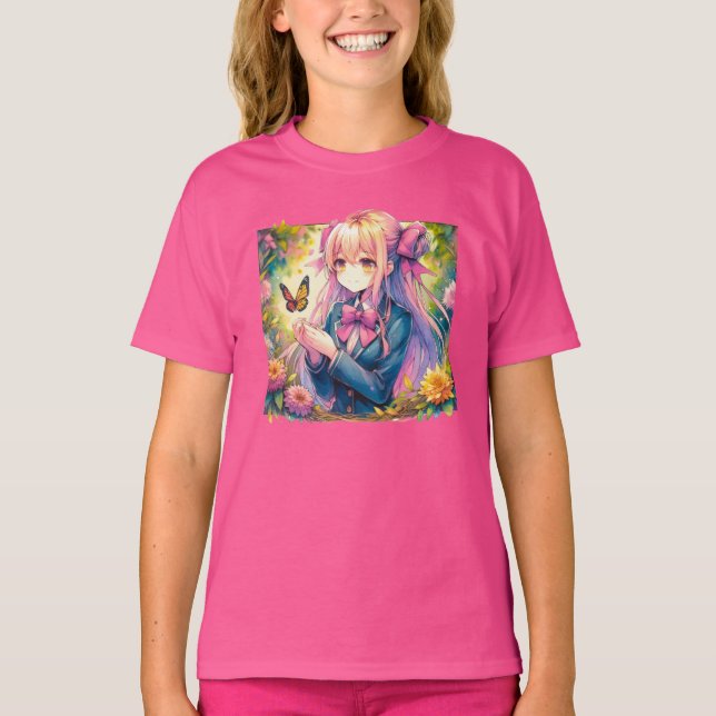 Anime Girl and Butterfly Wassercolor T-Shirt (Vorderseite)