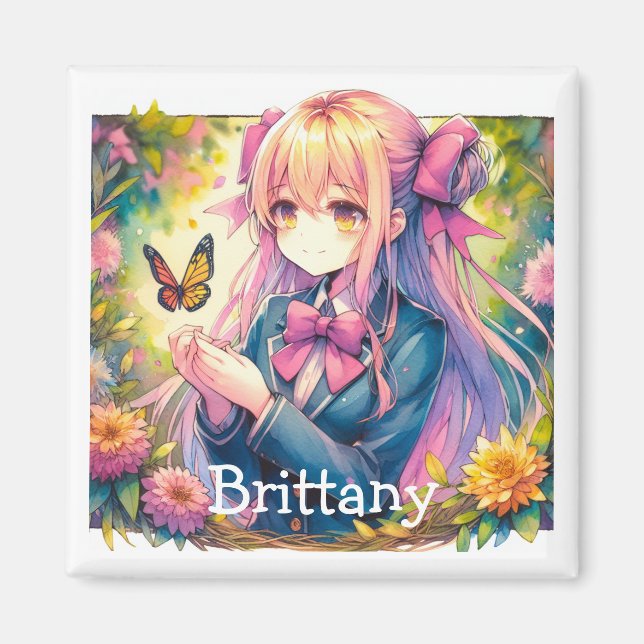 Anime Girl and Butterfly Wasserfarben Kunst Magnet (Vorne)