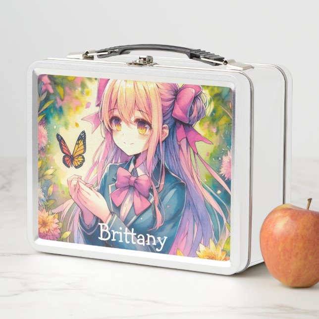 Anime Girl and Butterfly Wasserfarben Kunst Metall Brotdose (Beispiel)