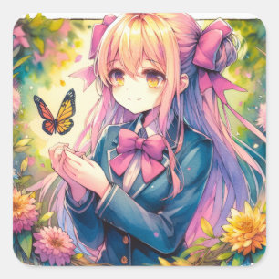 Anime Girl and Butterfly Wasserfarben Kunst Quadratischer Aufkleber